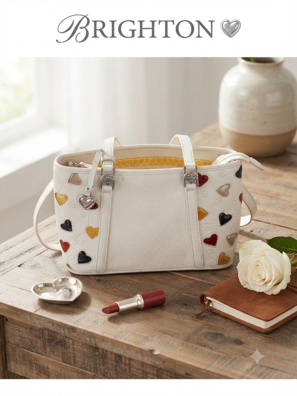 Brighton White Leather Shoulder Bag with Heart Accents